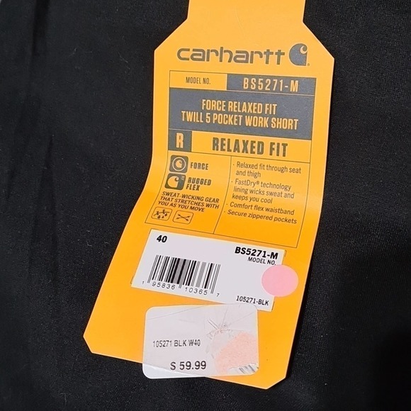 Carhartt Force Black Work Shorts Size 40 NWT - Picture 6 of 7